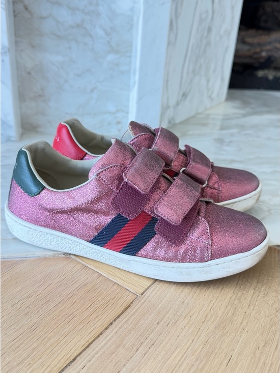 Gucci Other - Gucci Pink Glitter Kids Velcro Sneakers with Navy & Red Stripe